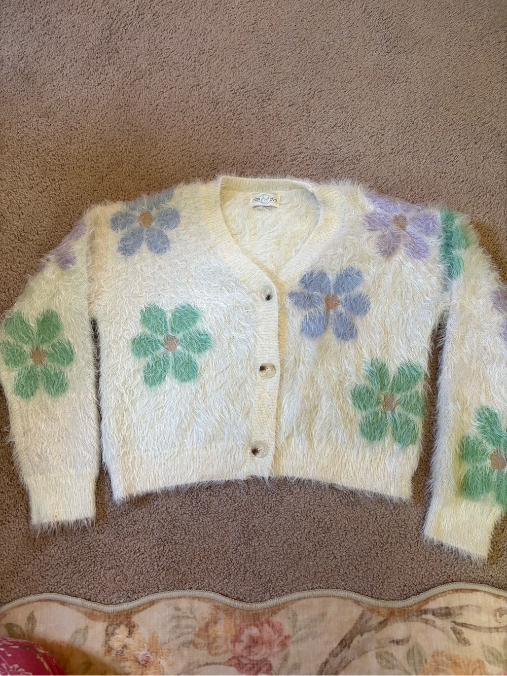 Cream Fuzzy Floral Button-Front Cardigan